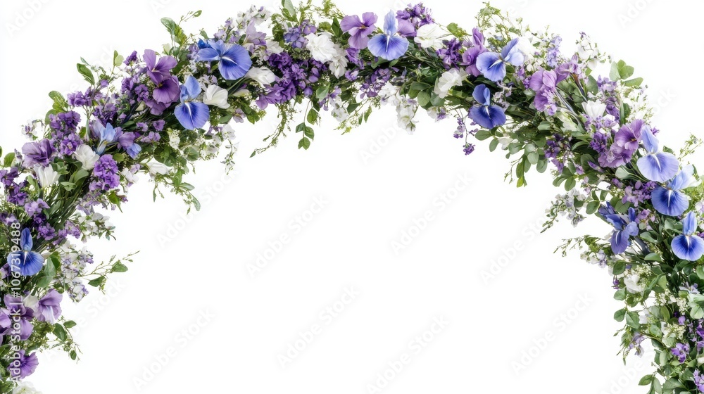 A modern floral arch of Iris flowers in purple, blue, and white, with minimal greenery, designed for an elegant display 