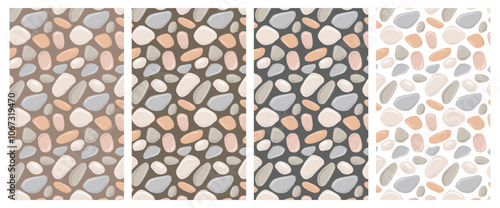 Round stone mosaic pattern. Grey pebbles on different background. Set of abstract vector seamless wallpaper with rounded elements. For interior, travel, beauty and spa, textile design