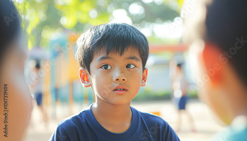 A boy with short hair is looking at the camera