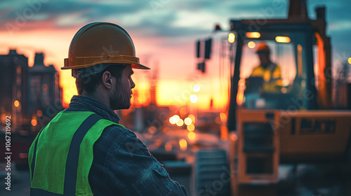 A man in a hard hat stands in front of a large construction site