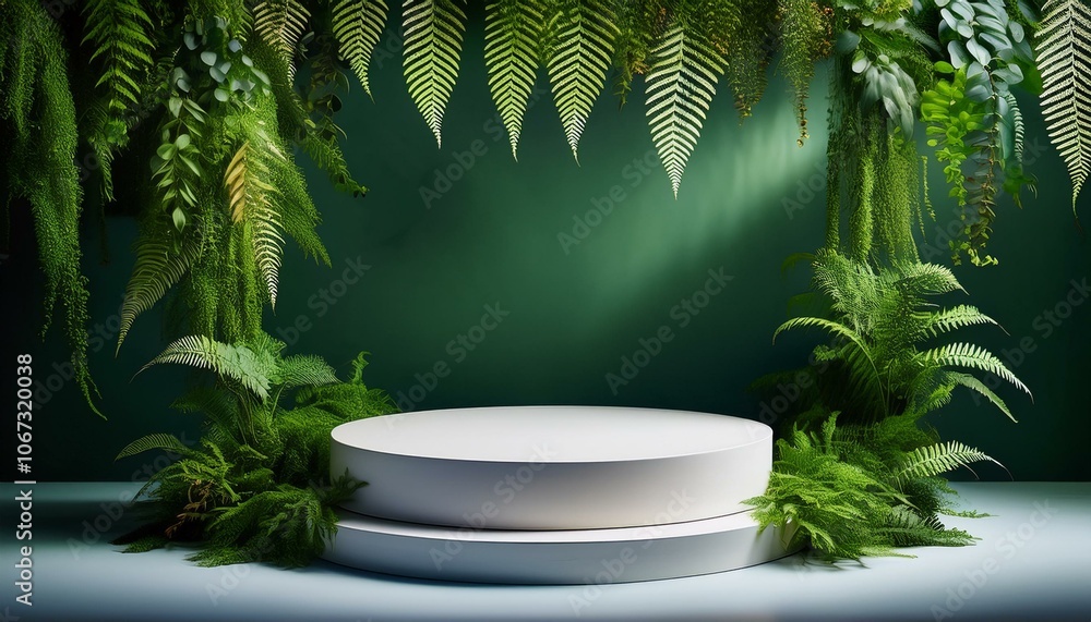 Green ferns frame a white podium Green ferns frame a white podium