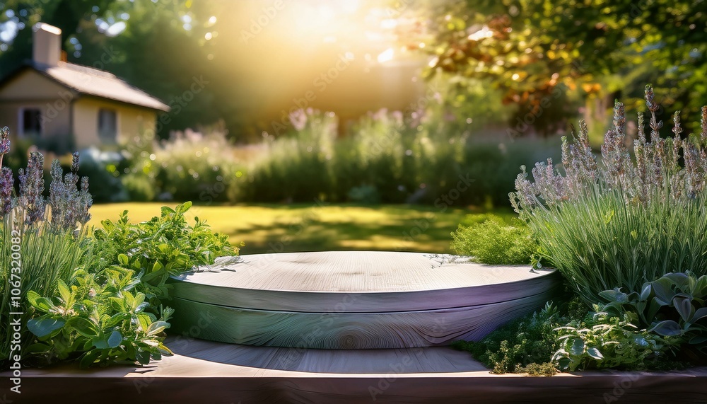 Wooden platform in garden setting Wooden platform in garden setting