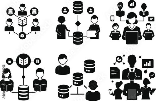 silhouette of people exchanging information symbols flowing of a database icons silhouette vector art illustration