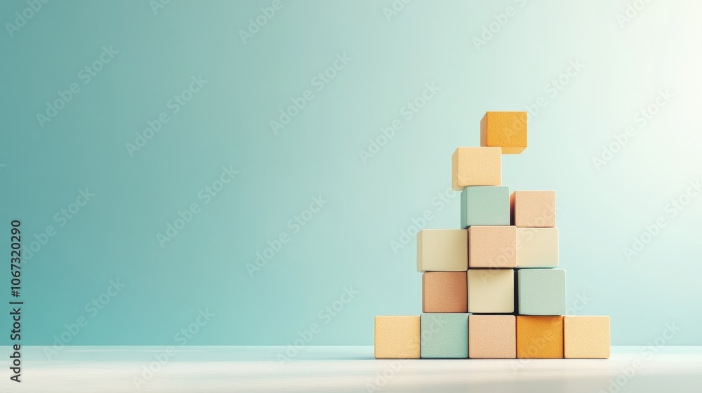 Investment Growth Pyramid, a geometric representation of increasing investment returns with cool tones and layered blocks illustrating financial stages
