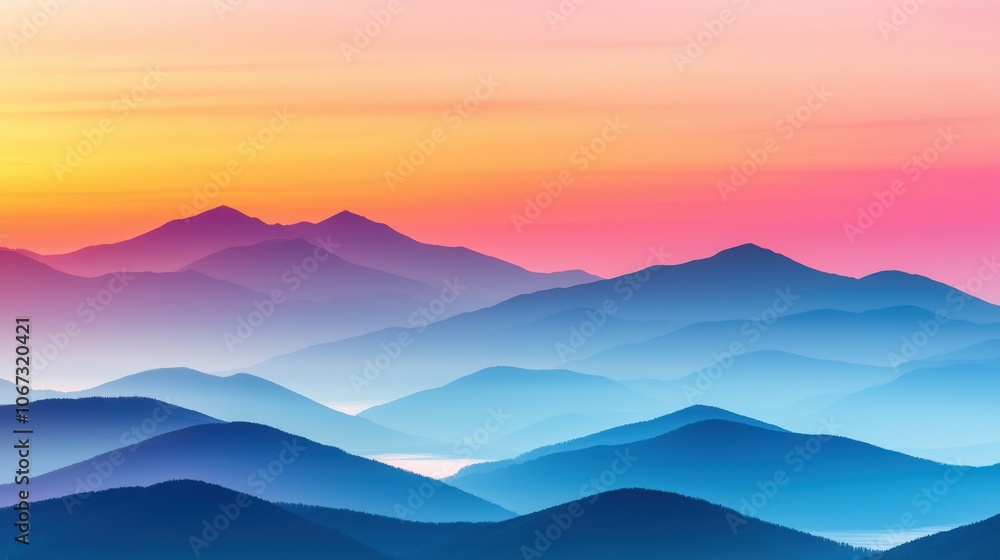 Mountain silhouettes at sunset, colorful layers Mountain silhouettes at sunset, colorful layers