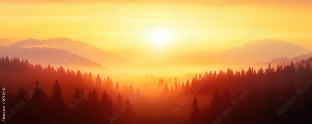 Obraz premium Sunrise through misty valley with open space for message, warm tones, nature placeholder, morning glow