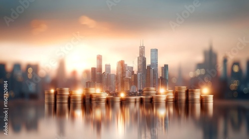 Urban Investment Ascendancy, a sleek skyline emerging from stacks of coins, symbolizing economic growth, set against a dusk backdrop.