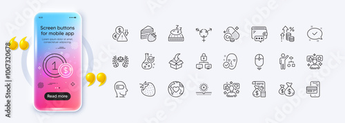 Wallet, Genders and Algorithm line icons for web app. Phone mockup gradient screen. Pack of No sun, Inflation, Accounting pictogram icons. Cobalt mineral, Mattress, Chemistry lab signs. Vector
