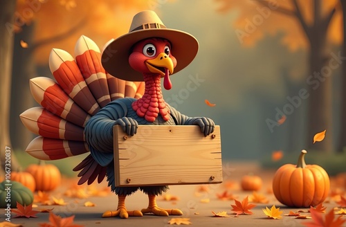 A cute cartoon turkey in a farmer's hat holds an empty wooden sign, mockup for your text, Thanksgiving. Thanksgiving Greeting Card