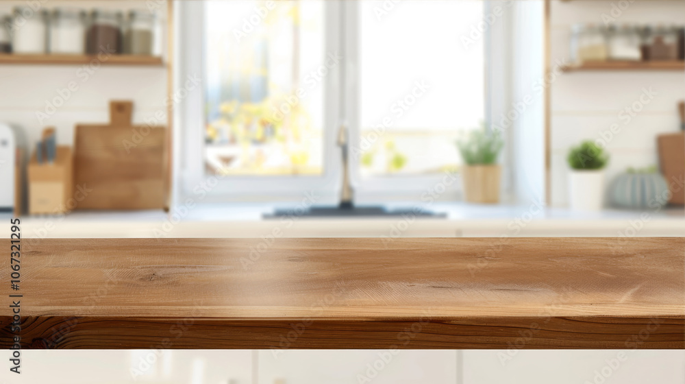 Wooden kitchen table top with a blurred bokeh background
