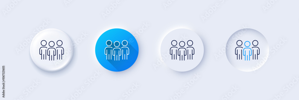Group line icon. Neumorphic, Blue gradient, 3d pin buttons. Business teamwork sign. Meeting people symbol. Line icons. Neumorphic buttons with outline signs. Vector Group line icon. Neumorphic, Blue gradient, 3d pin buttons. Business teamwork sign. Meeting people symbol. Line icons. Neumorphic buttons with outline signs. Vector