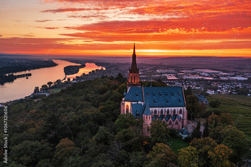 Fototapeta premium Aerial view of the Rochus Chapel near Bingen am Rhein in autumn at sunrise