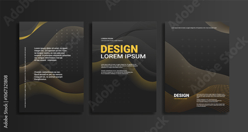 Brochure Template with Abstract Wave Design for advertising and business. Sleek black background with gold wave patterns and modern typography. A4 format for flyers and presentations