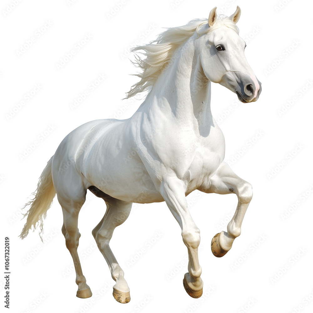 Majestic white horse rears up gracefully in motion Majestic white horse rears up gracefully in motion