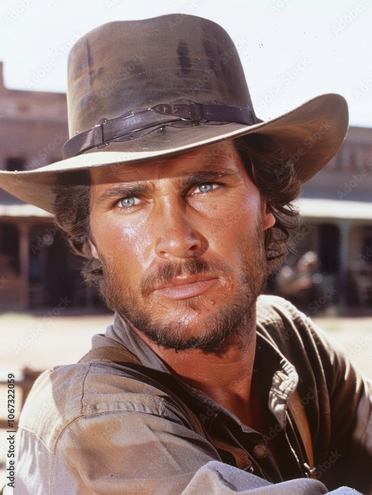 Rugged cowboy with intense gaze and weathered hat in sunlit Western setting Rugged cowboy with intense gaze and weathered hat in sunlit Western setting