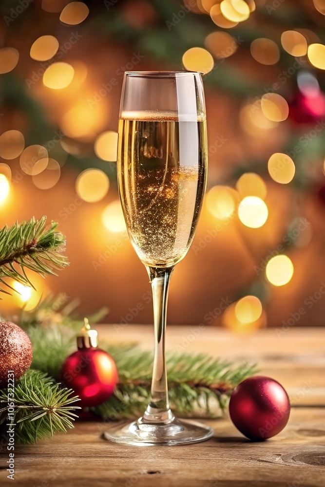 Christmas still life with champagne glass and festive decorations on light golden background with glitter sparkle bokeh. New Year and Christmas holiday template for design, celebration, congratulation Christmas still life with champagne glass and festive decorations on light golden background with glitter sparkle bokeh. New Year and Christmas holiday template for design, celebration, congratulation