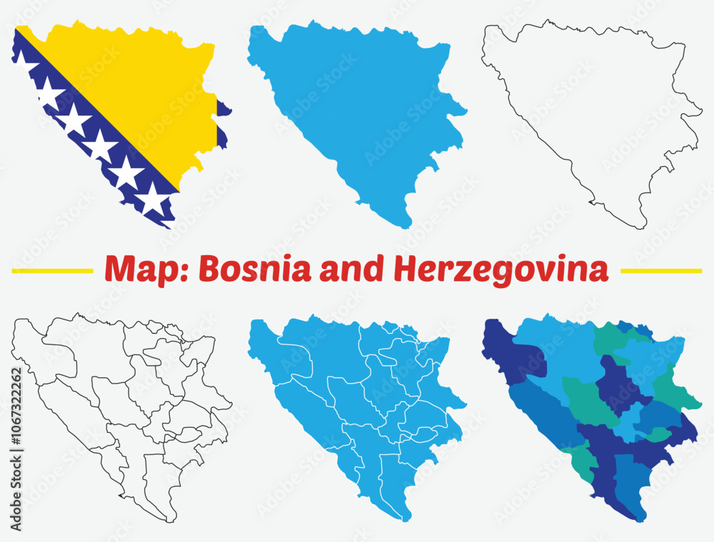 Fototapeta premium Bosnia and Herzegovina country map set. internal provinces borders marked, Simple map of Bosnia and Herzegovina vector drawing, Filled and outline.