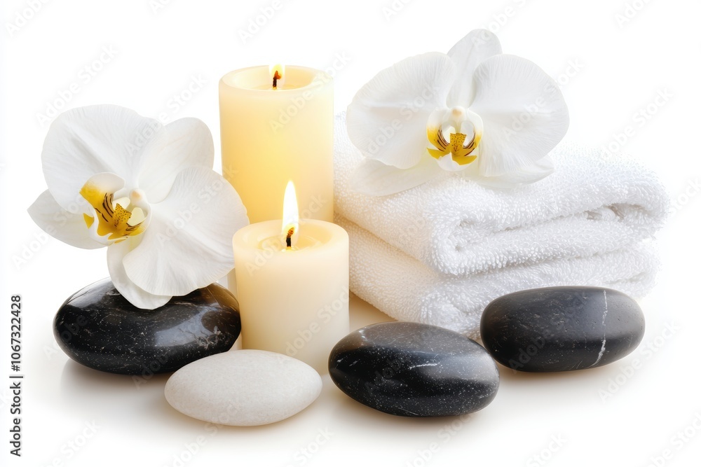 Candle-lit spa scene with stones, flowers, and soft towels, symbolizing relaxation, self-care, and peaceful luxury Candle-lit spa scene with stones, flowers, and soft towels, symbolizing relaxation, self-care, and peaceful luxury