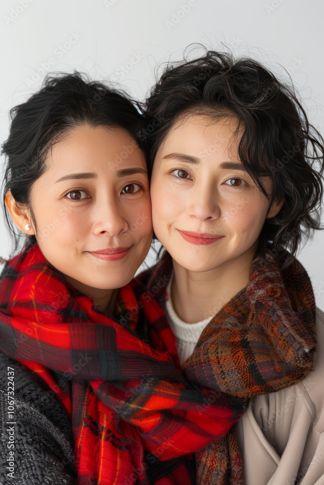 Heartwarming Portrait of Mother and Daughter Embracing with Warm Smiles and Cozy Scarves Heartwarming Portrait of Mother and Daughter Embracing with Warm Smiles and Cozy Scarves