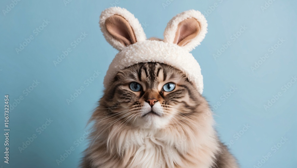 Dignified Cat in Bunny Hat Against Blue Background Dignified Cat in Bunny Hat Against Blue Background