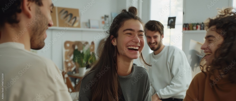Obraz premium Friends sharing laughter and joy in a bright room, filled with warmth and camaraderie.