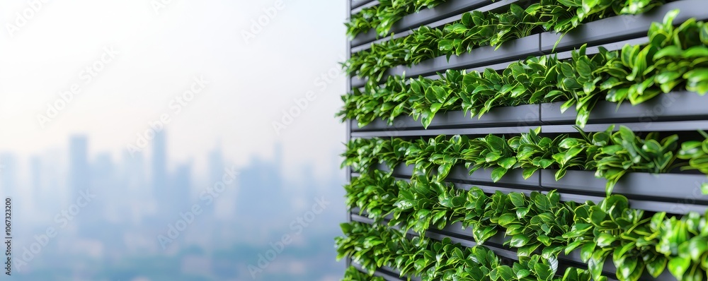 Obraz premium A lush green vertical garden wall showcases vibrant foliage against a soft-focus city skyline, blending nature with urban architecture.
