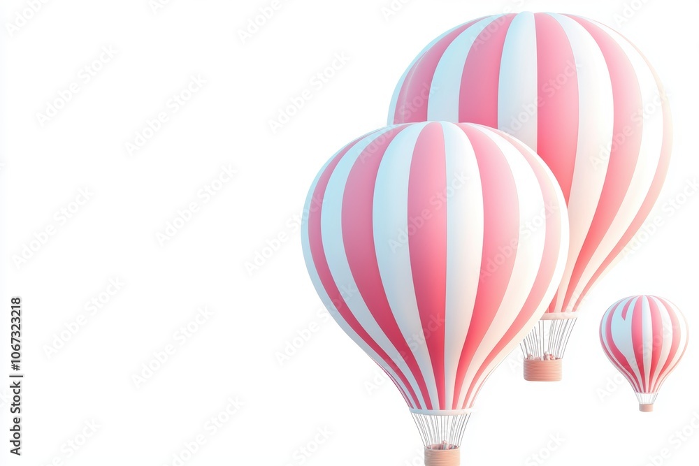 Colorful hot air balloons floating over valley at sunrise, vibrant and cheerful travel scene, adventure and freedom, 3D illustration Colorful hot air balloons floating over valley at sunrise, vibrant and cheerful travel scene, adventure and freedom, 3D illustration
