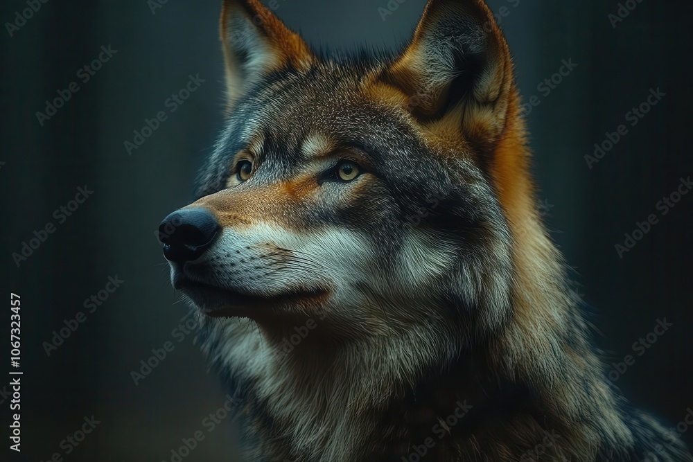 Fototapeta premium portrait of a majestic adult wolf piercing gaze against a sleek black background embodying strength and wild elegance blending realism with artistic interpretation
