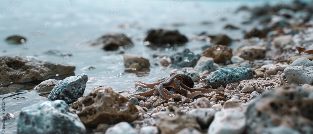 Fototapeta premium A lone starfish nestled among pebbles and rocks by the shore, with gentle waves lapping and the horizon stretching softly.