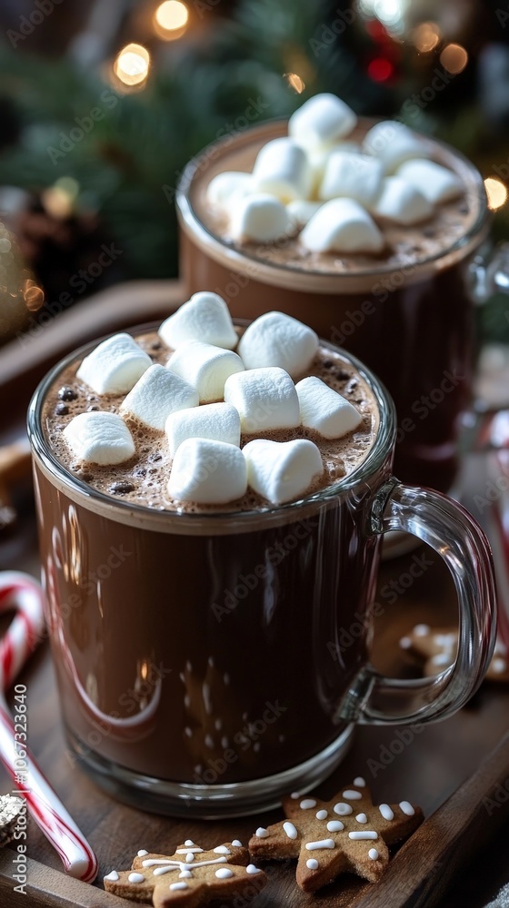 Hot chocolate with marshmallows in a cozy Christmas holiday setting Hot chocolate with marshmallows in a cozy Christmas holiday setting
