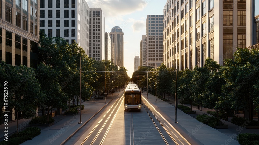 A city street scene featuring a tram surrounded by modern buildings and trees, illuminated by warm sunlight during twilight. A city street scene featuring a tram surrounded by modern buildings and trees, illuminated by warm sunlight during twilight.