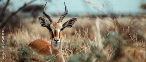 A majestic antelope with graceful horns stands alert in the savanna, its amber coat blending seamlessly into the golden dry grass. photo