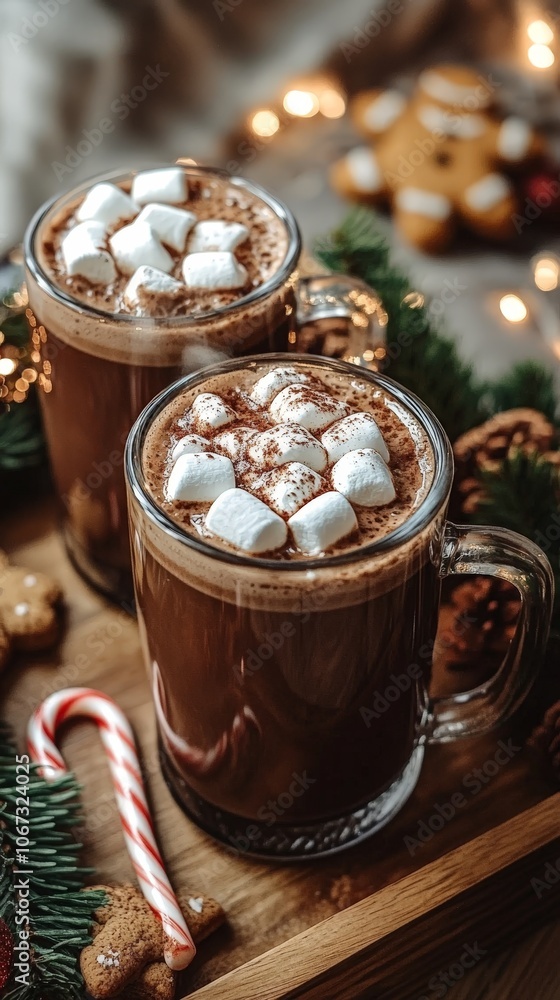 Hot chocolate with marshmallows in a cozy Christmas holiday setting Hot chocolate with marshmallows in a cozy Christmas holiday setting