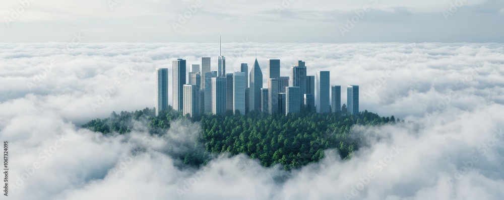 Fototapeta premium A futuristic city skyline rises above dense clouds, surrounded by greenery, creating a striking contrast between urban architecture and nature.