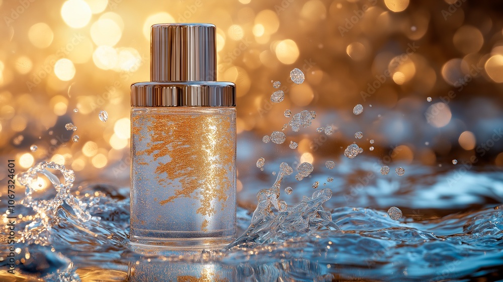 golden serum in glass bottle with golden dropper on dark background golden serum in glass bottle with golden dropper on dark background