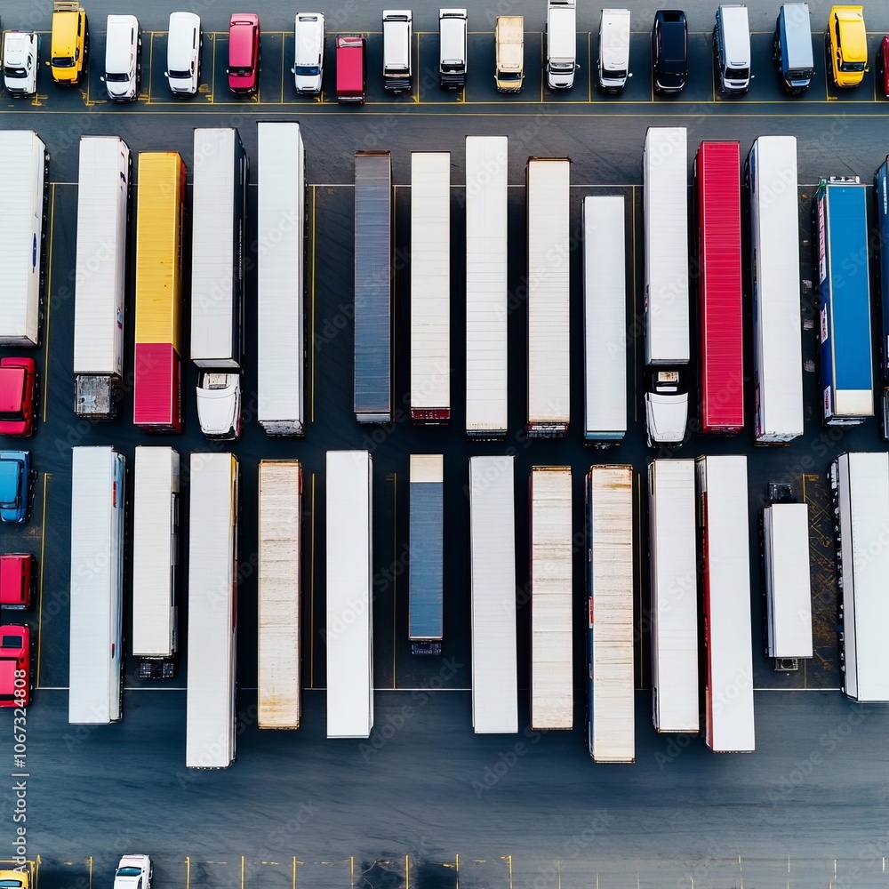 Fototapeta premium Freight truck fleet ready for distribution, transportation hub, logistics efficiency