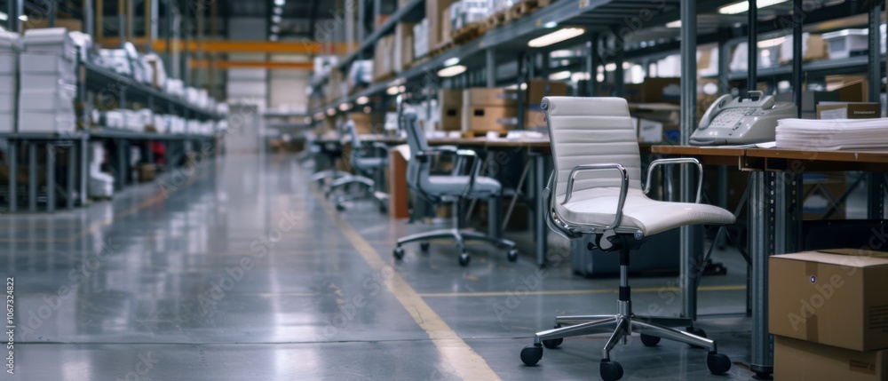 An expansive, organized industrial workspace with rows of sleek chairs awaiting the return of diligent employees. An expansive, organized industrial workspace with rows of sleek chairs awaiting the return of diligent employees.