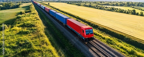 Freight train transporting cargo, cross-country logistics, supply chain efficiency