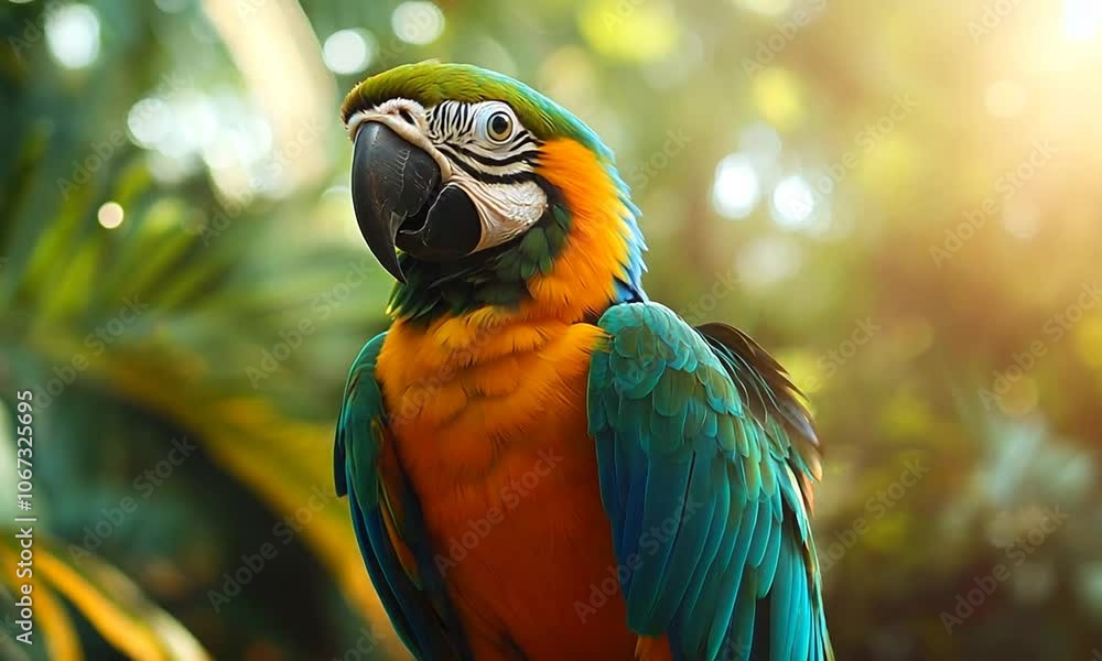 Vibrant parrot perched on a branch in a lush setting. Vibrant parrot perched on a branch in a lush setting.