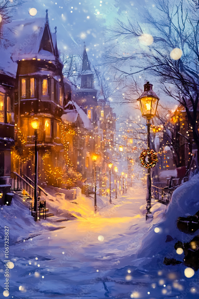 Fototapeta premium A snowy street with lights hanging from the trees