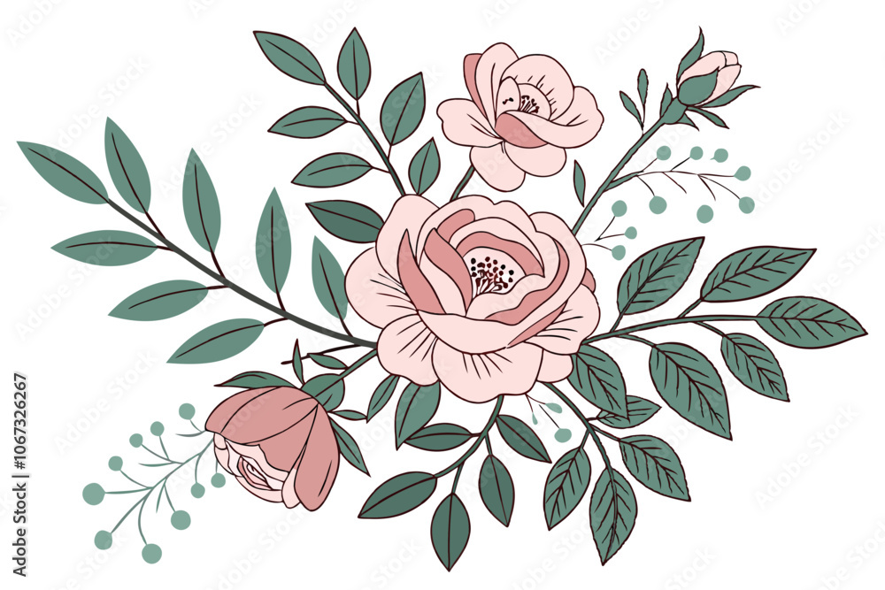 Floral pattern of roses and peonies with leaves in vintage style Floral pattern of roses and peonies with leaves in vintage style