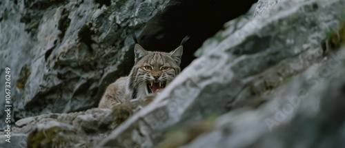 A lynx snarls fiercely among rocky terrain, its eyes locked on an unseen threat, embodying the wild spirit of survival.