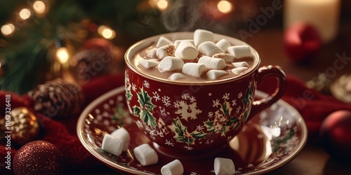 Hot chocolate with marshmallows in a cozy Christmas holiday setting