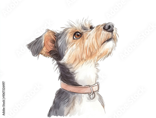 charming terrier dog with curious expression on white background, featuring fluffy coat and pink collar. This illustration captures dog playful and inquisitive nature beautifully