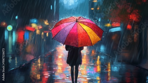 Wallpaper Mural Vibrant pastel umbrella shielding a figure strolling along a glistening wet street amidst gentle rain, evoking a serene urban moment Torontodigital.ca