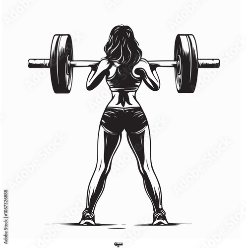 Vector illustration of a strong woman lifting a heavy image isolated on white background.