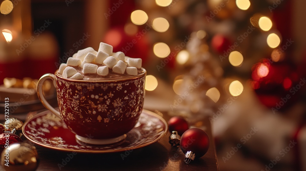 Fototapeta premium Hot chocolate with marshmallows in a cozy Christmas holiday setting