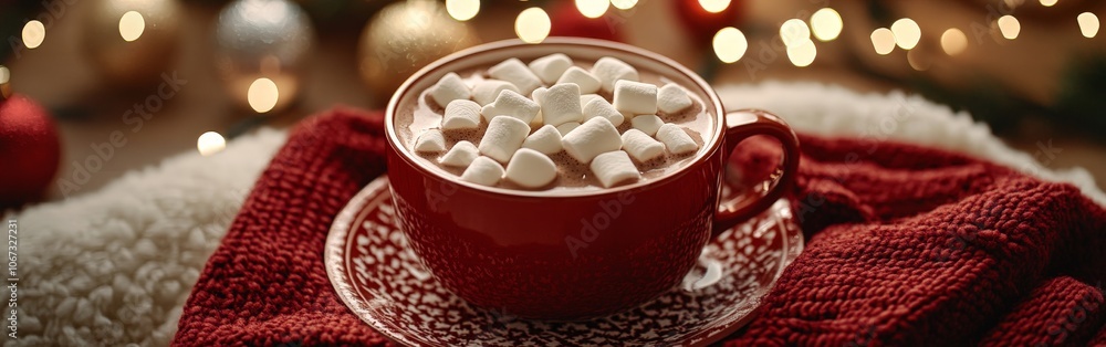 Hot chocolate with marshmallows in a cozy Christmas holiday setting Hot chocolate with marshmallows in a cozy Christmas holiday setting