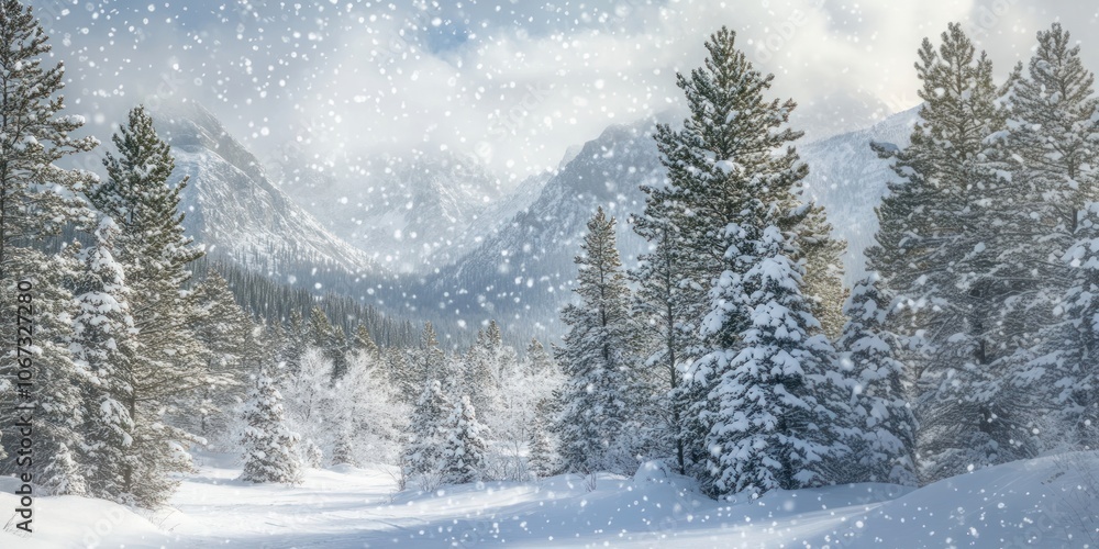 Fototapeta premium The snow-covered pine forest in the mountains is blanketed in a heavy white powder landscape nature winter.
