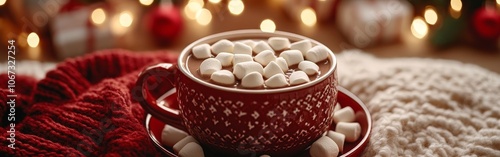 Hot chocolate with marshmallows in a cozy Christmas holiday setting